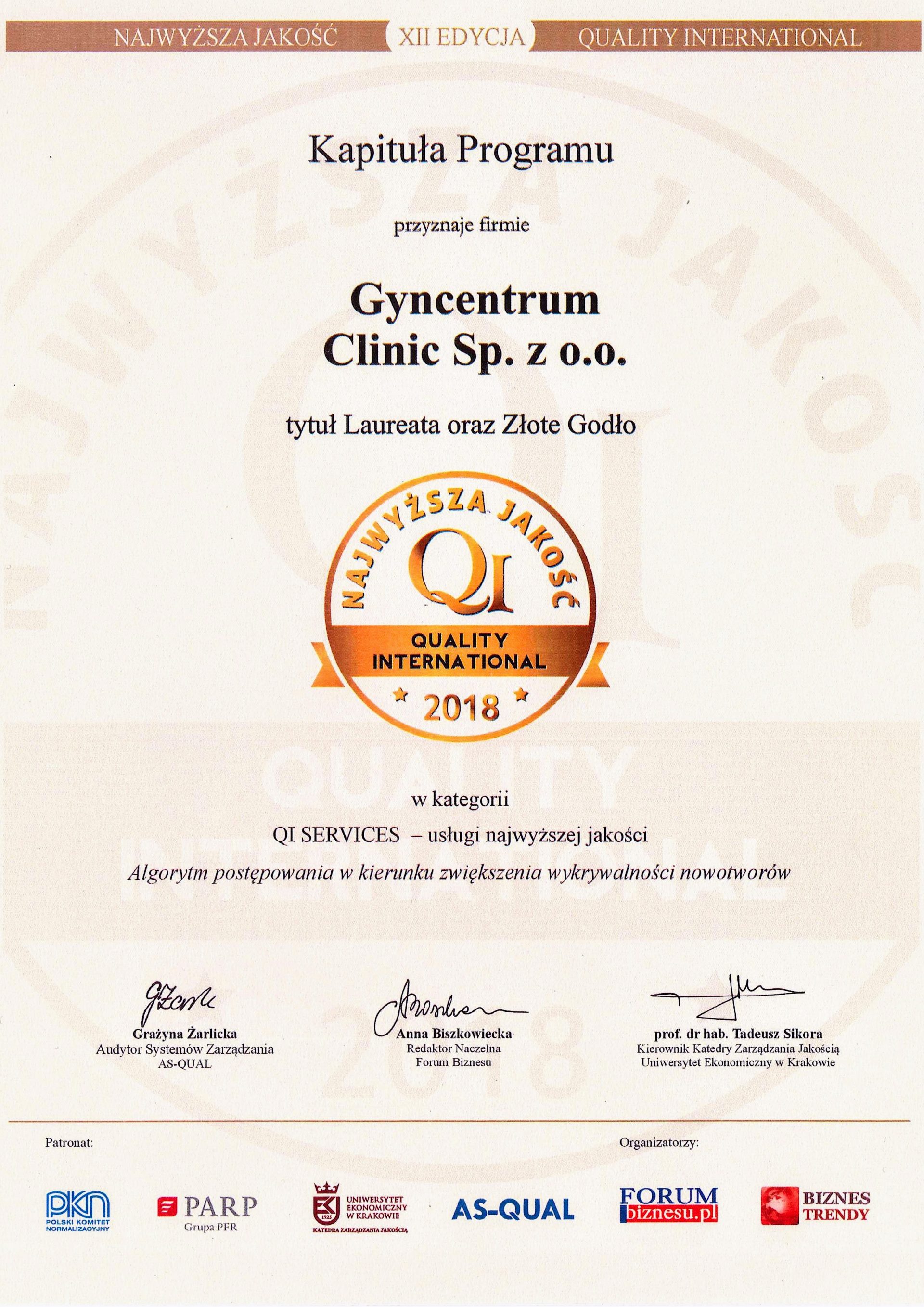 QI 2018 dyplom Certyfikaty jakości