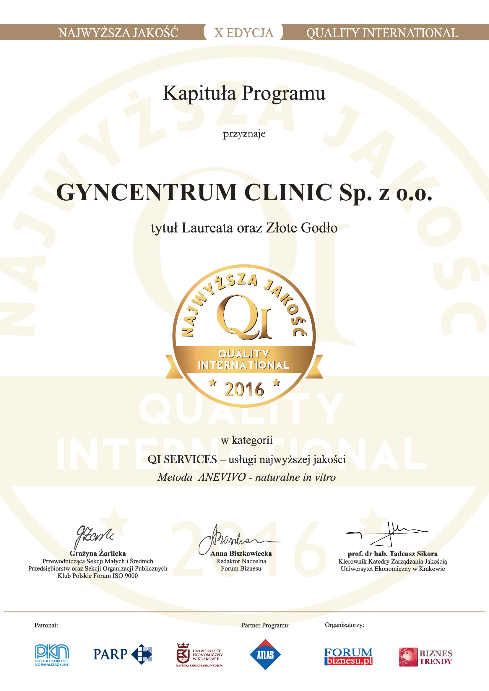 QI 2016 certyfikat Certyfikaty jakości